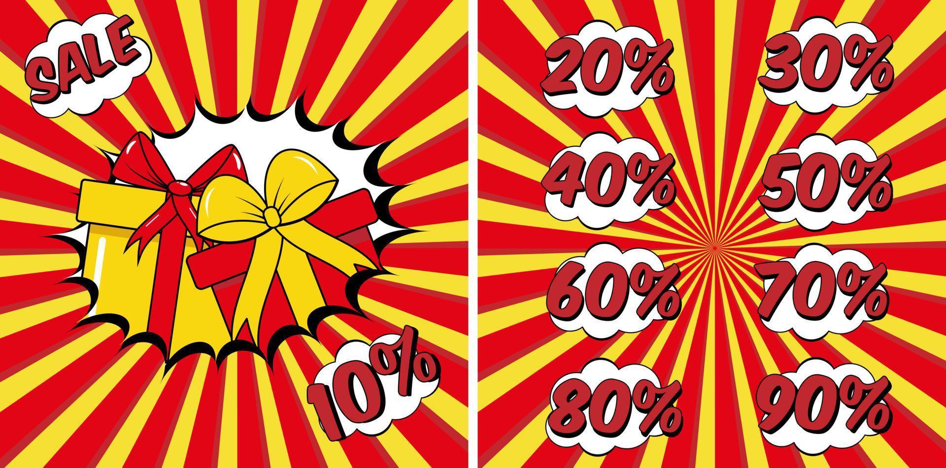 Sale banner in bright pop art style with two gift boxes and different variants of discount. vector