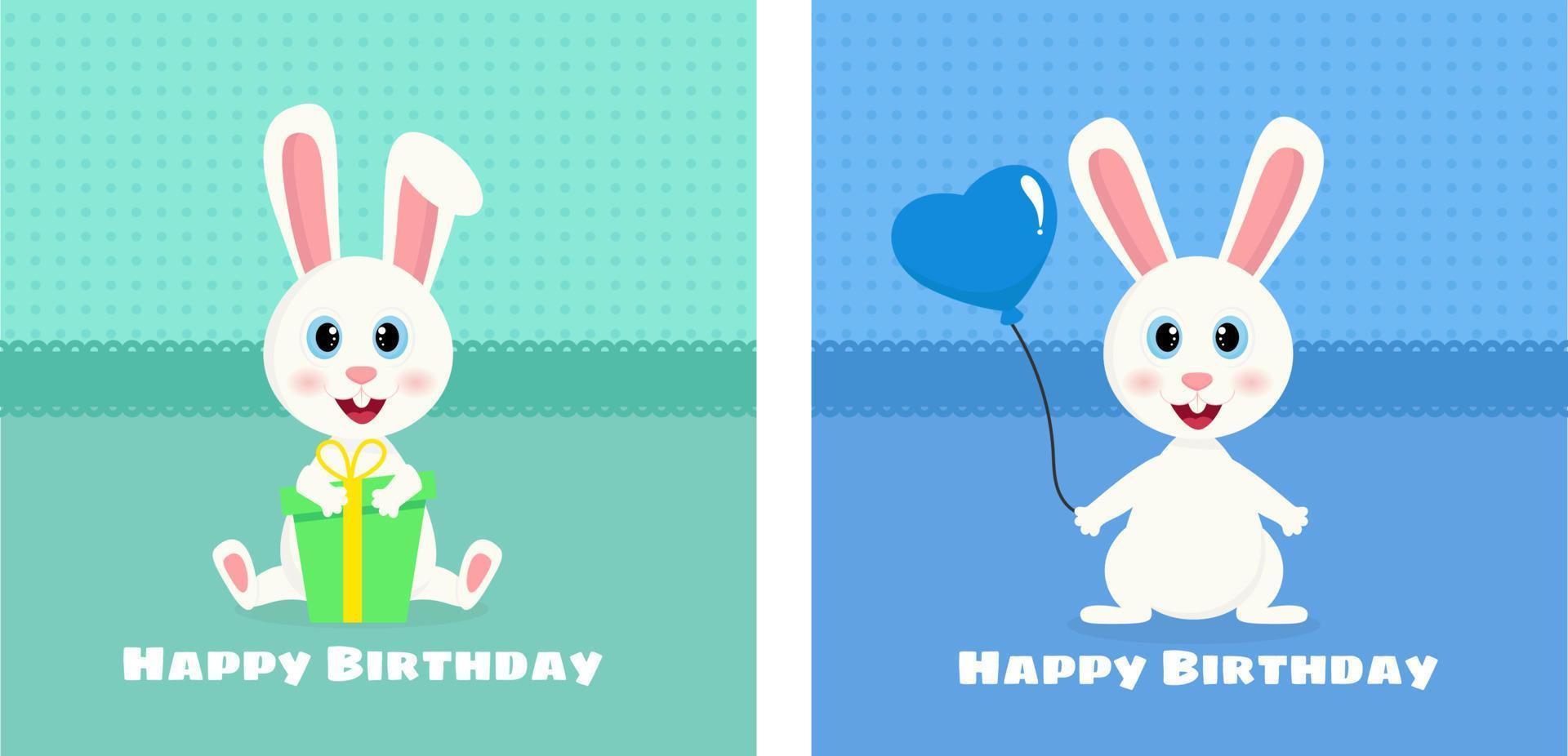 Greeting card set with cute bunny holding a gift box and balloon. vector