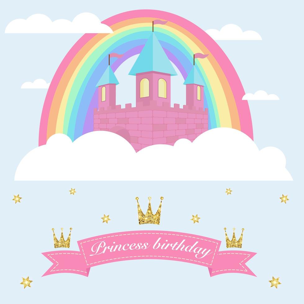 tarjeta de cumpleaños con castillo de princesa en una nube vector