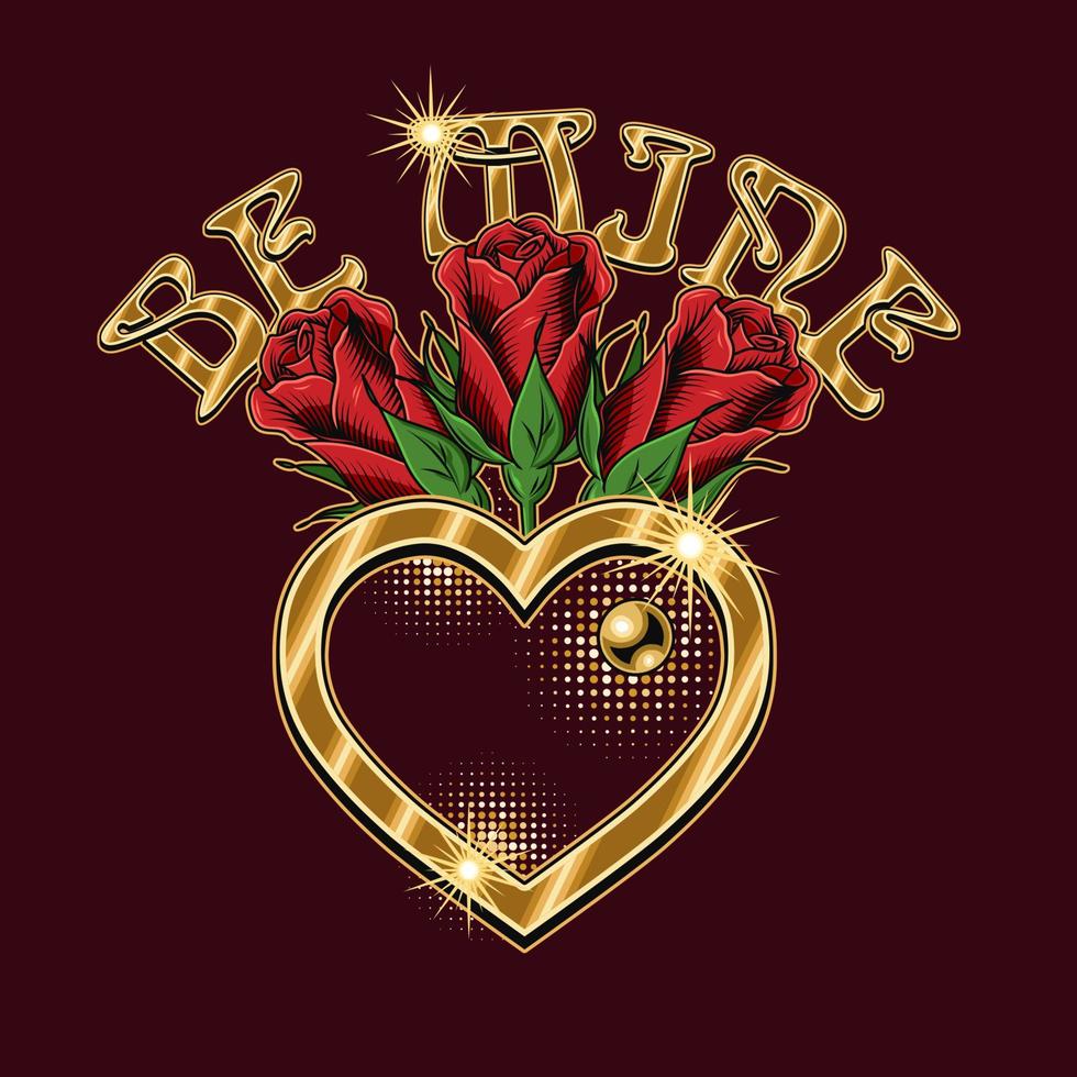 Label with golden heart, bouquet of red roses, text Be mine. Vector holiday for wedding, engagement event, Valentines Day, gift decoration. For prints, clothing, t shirt, surface design