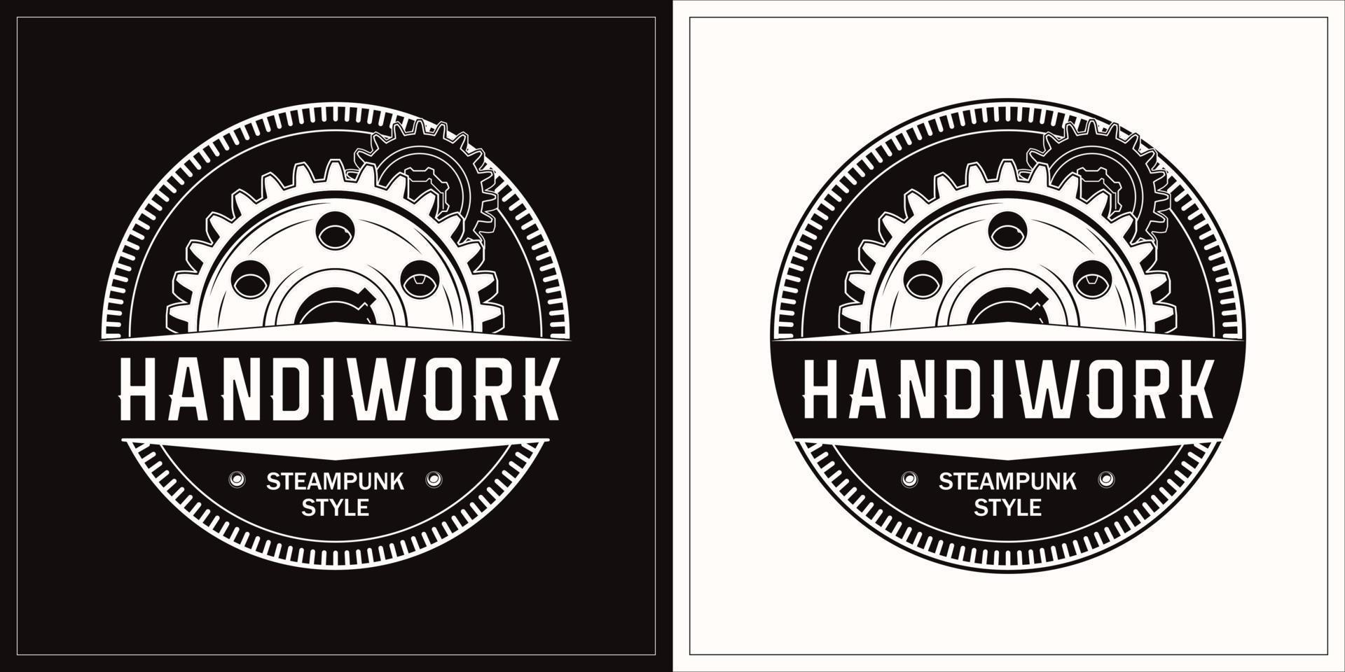 Monochrome vintage label with copper gear wheels and text. Emblem for handmade goods. Steampunk style. vector