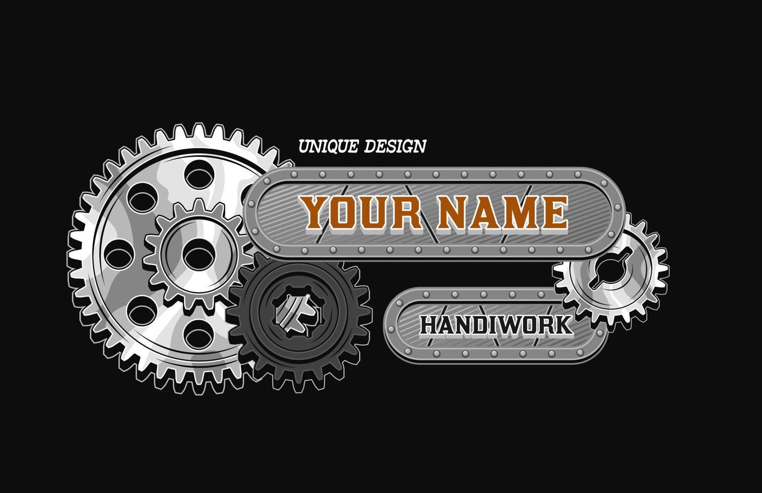 Vector rectangular label with black, silver steel gear, metal rail, rivets, space for text. Emblem for handmade goods. Steampunk style.