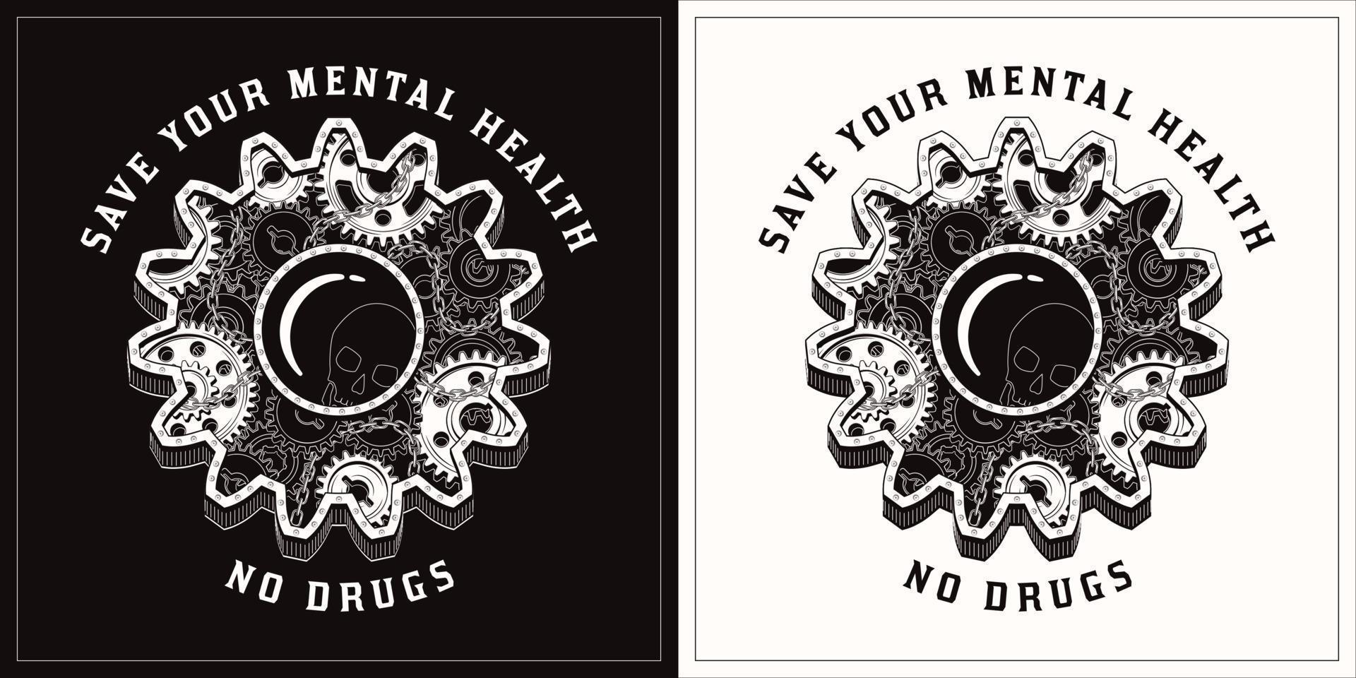 Monochrome gear label in vintage style with gears, metal rail, rivets. Silhouette of skull inside of lens. Concept of healthy life without drugs. Save your mental health No drugs. vector
