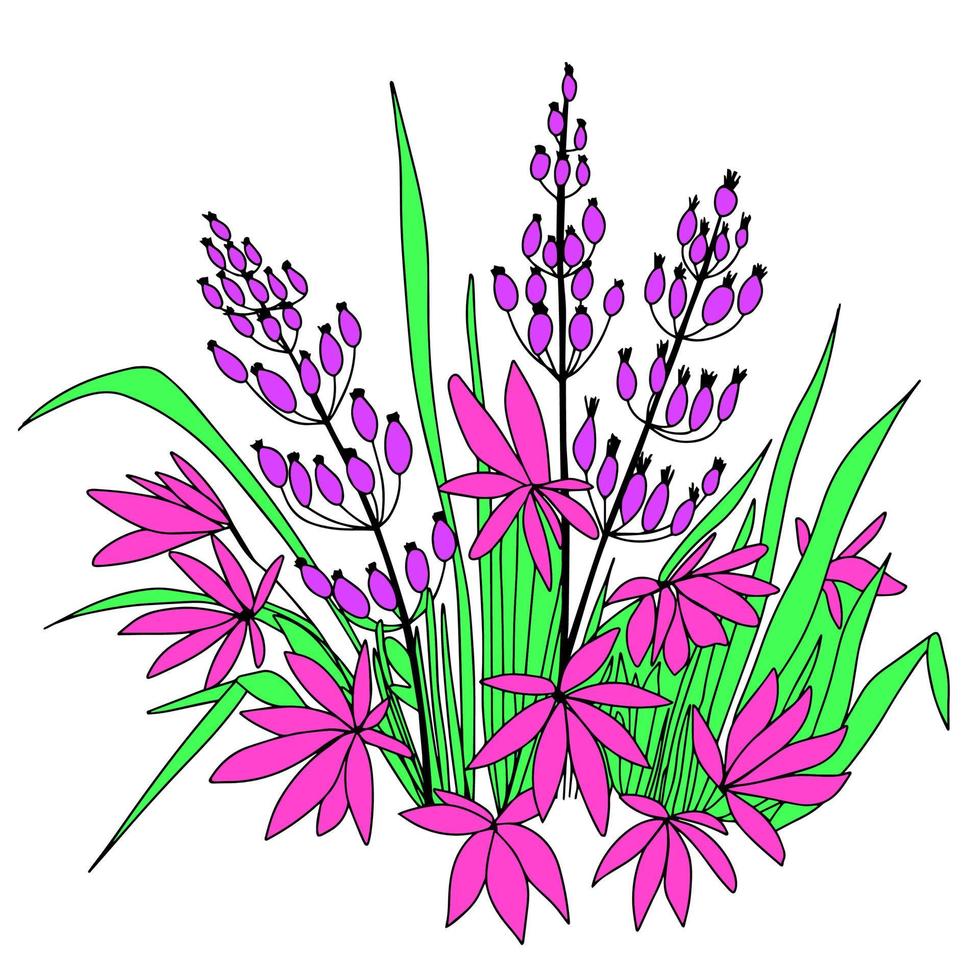 A small flowerbed in doodle style with color. Hand draw botanic illustration. Vector