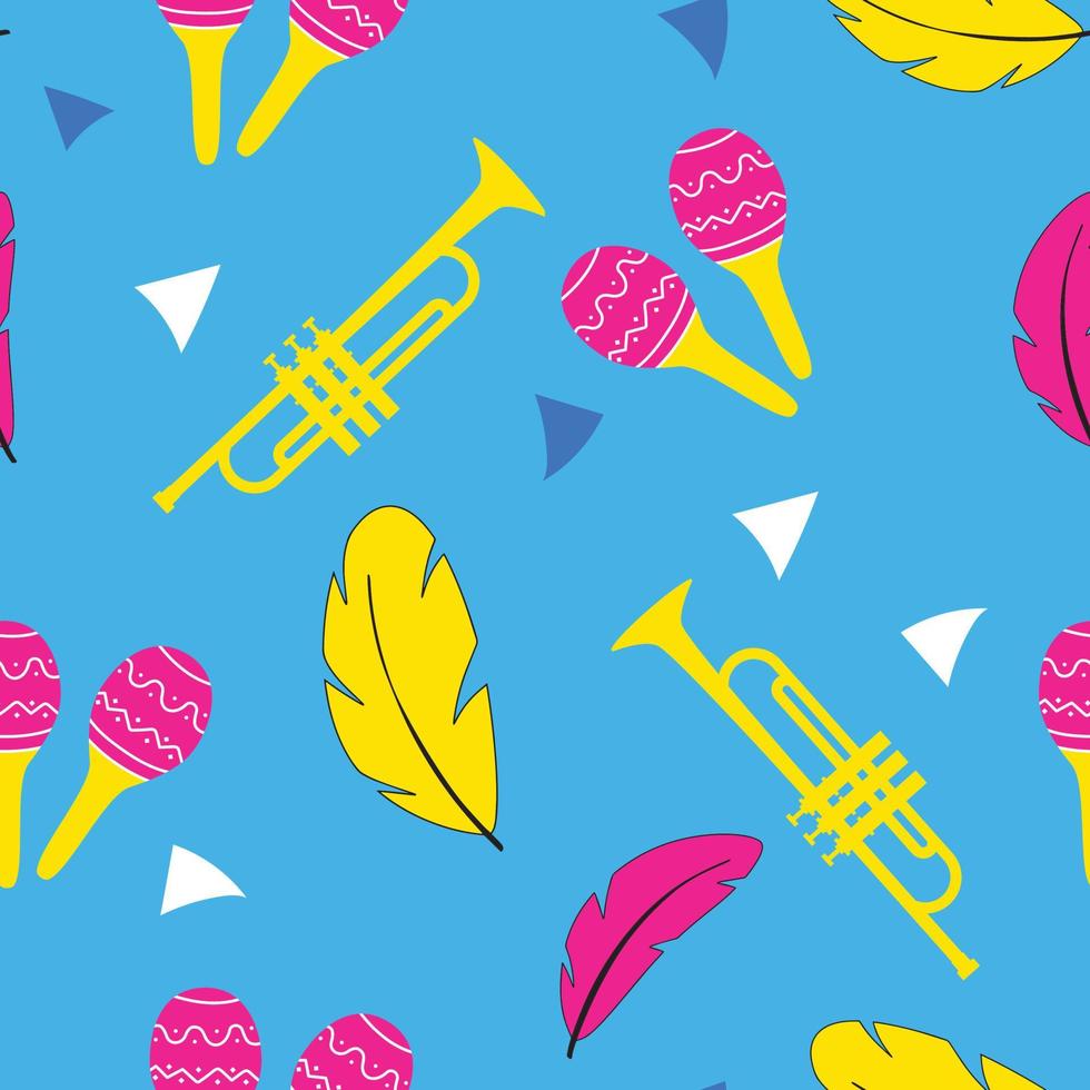 Seamless carnival pattern or festival with trumpets, maracas, feathers and confetti. vector