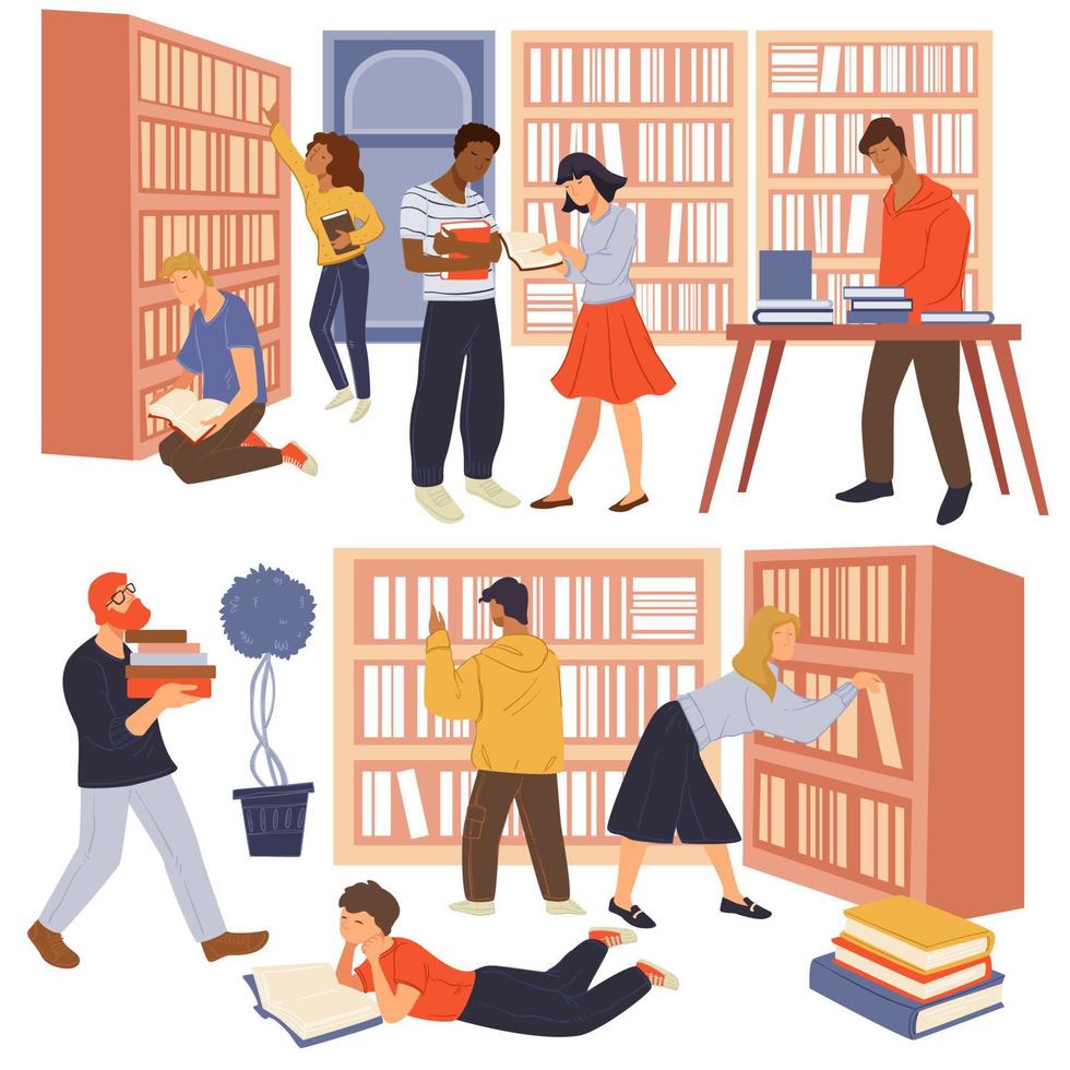 People reading book in public library or bookstore vector
