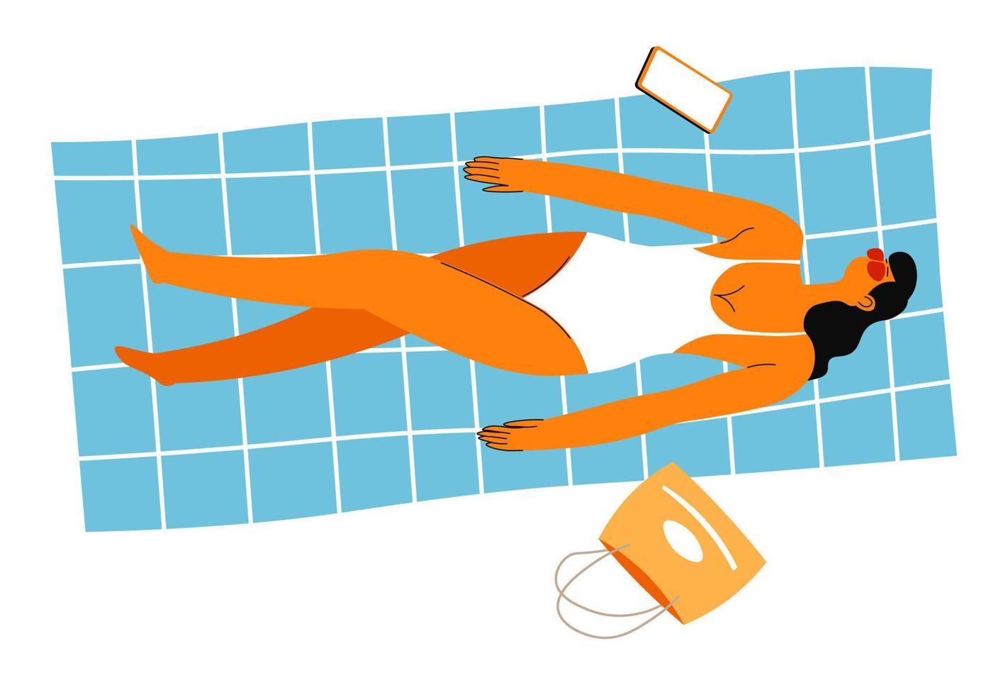 Female character laying on blanket tanning on sun vector