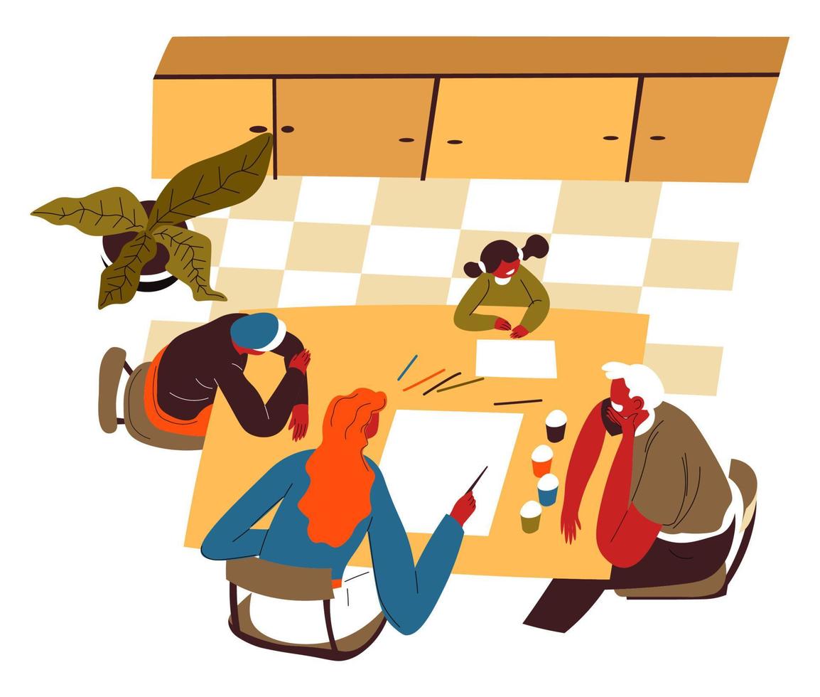 Family evening, kids drawing and parents help vector