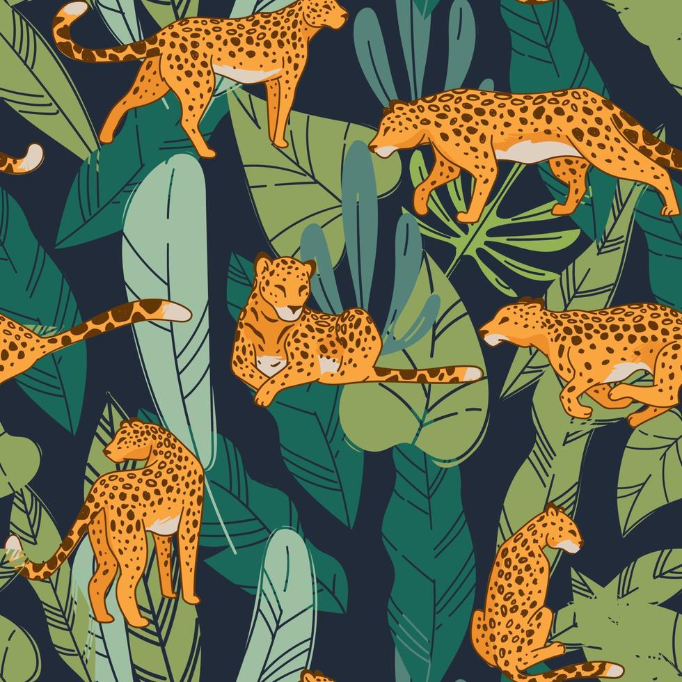 Cheetah or leopard with tropical flora pattern vector