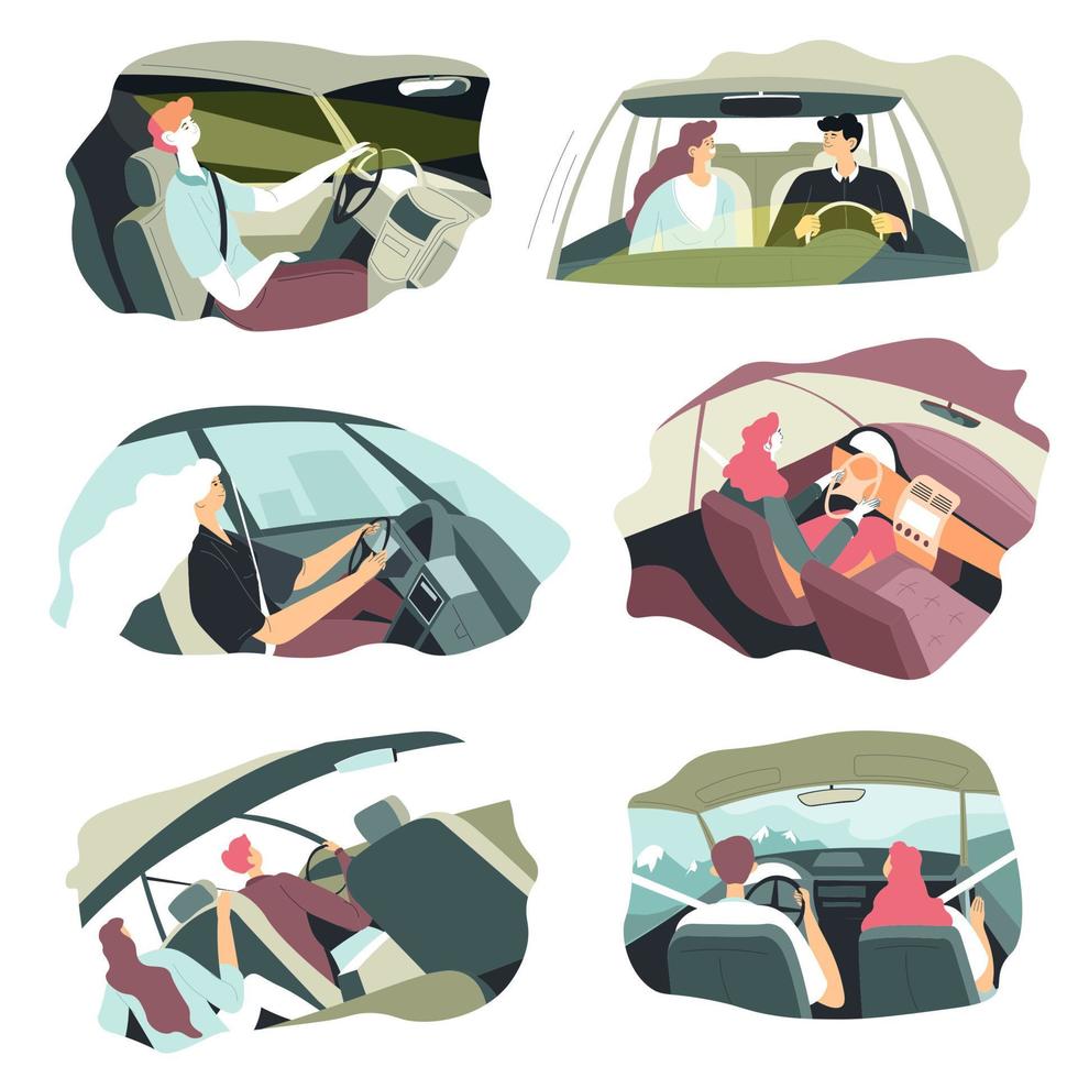 People traveling by car, couples and pairs on trip vector