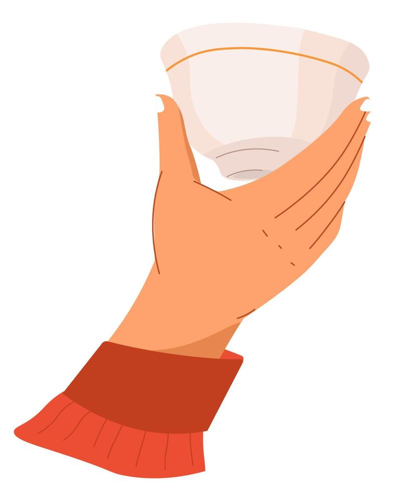 Hand holding cup with beverage, drinking coffee vector