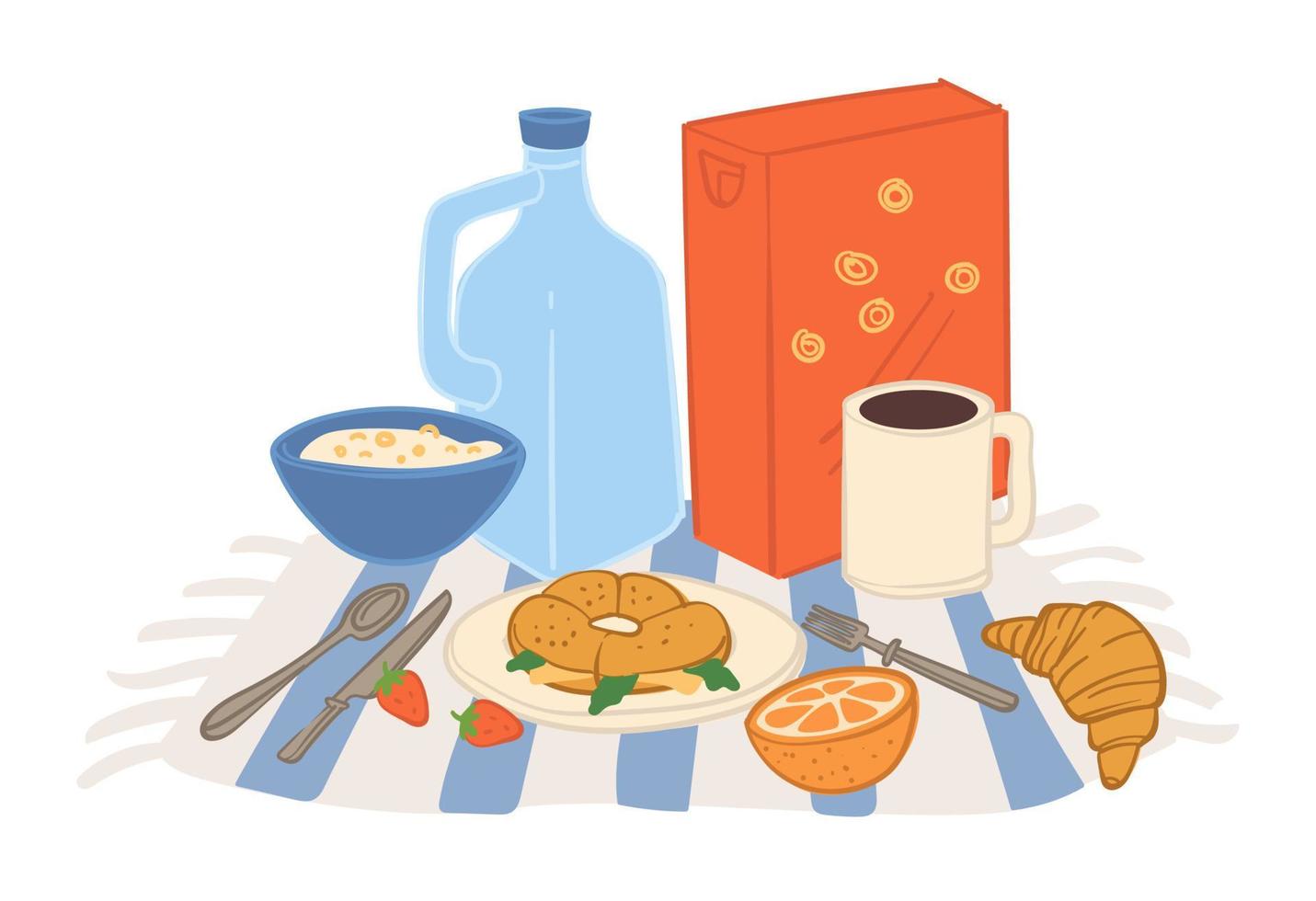Food for picnic, milk and croissant with cutlery vector