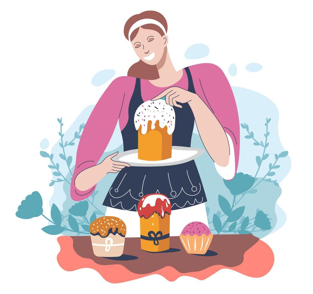 Woman baking and decorating easter holidays cakes vector