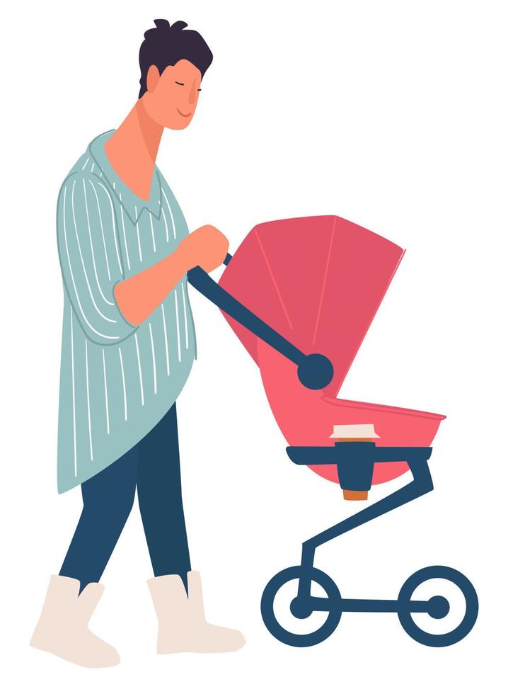 Mother with newborn daughter in pink pram on walk vector