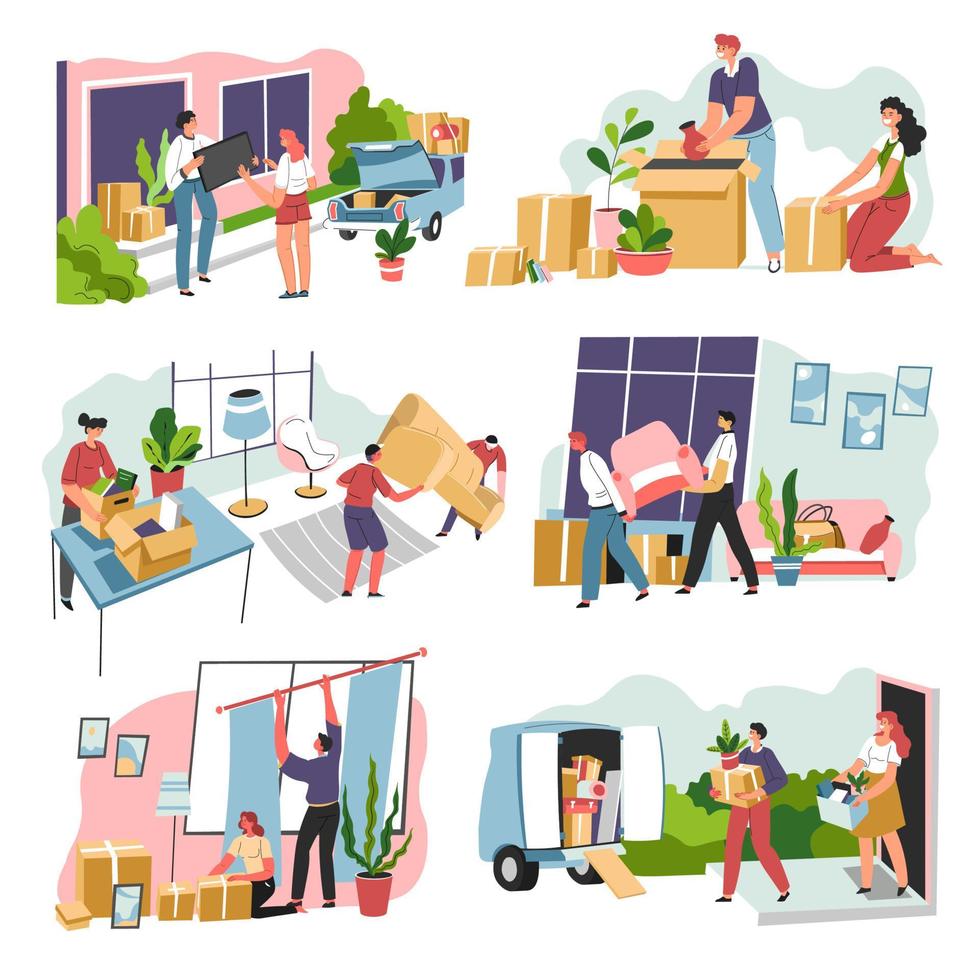 Moving in and out transporting furniture and stuff vector