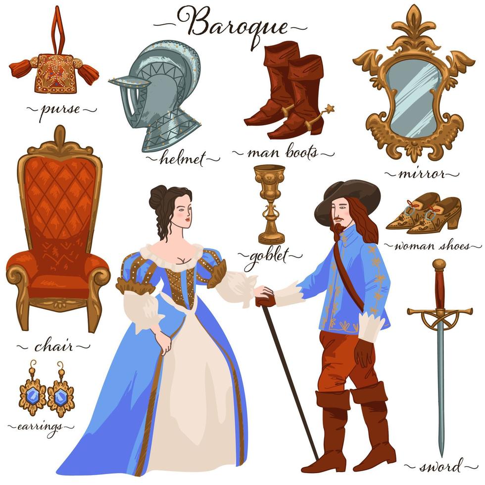 Baroque characters and objects, culture and style vector