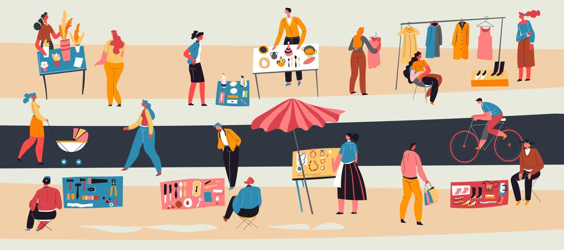 People selling second hand clothes items at street vector