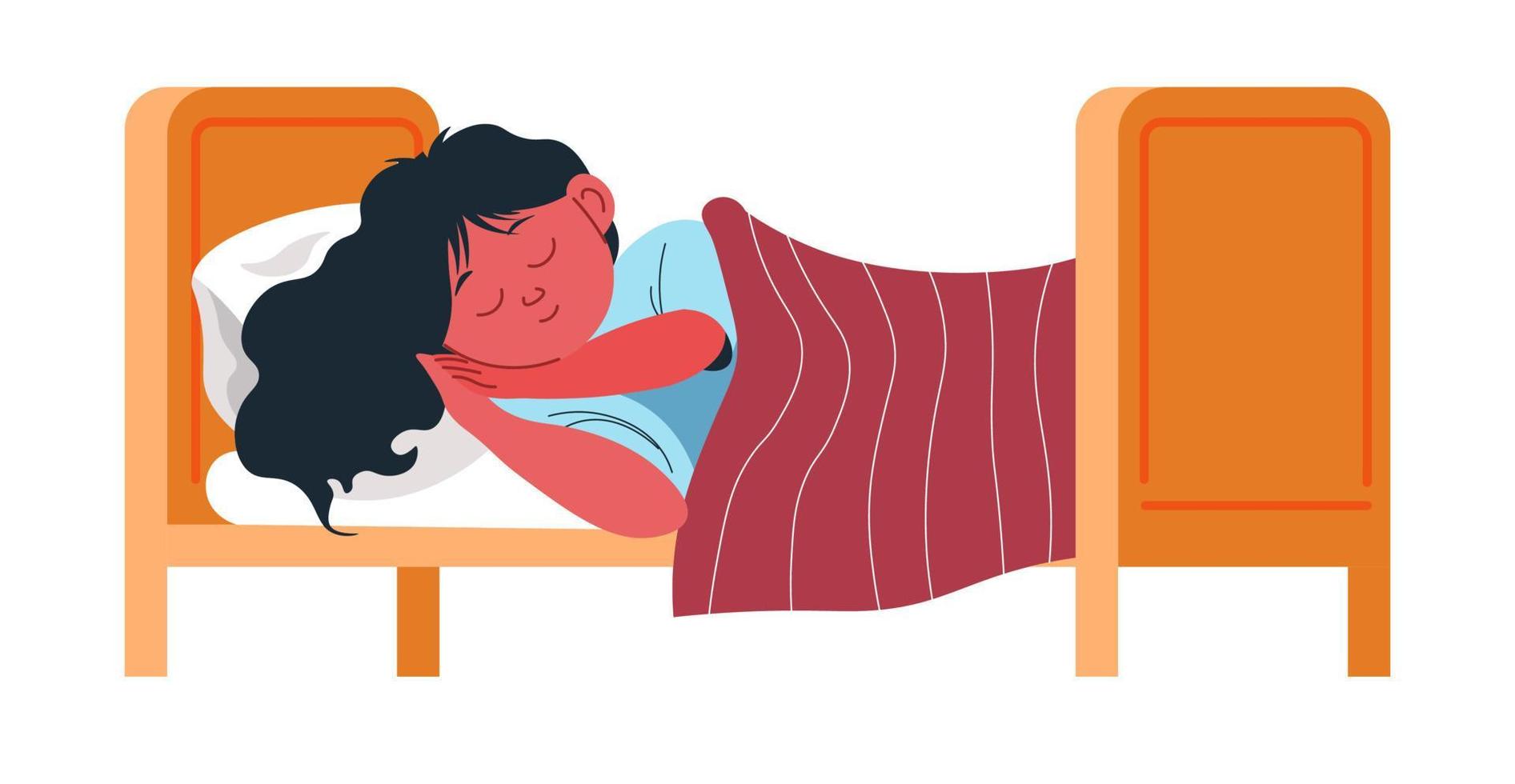 Small child sleeping in bed, napping kid at home vector