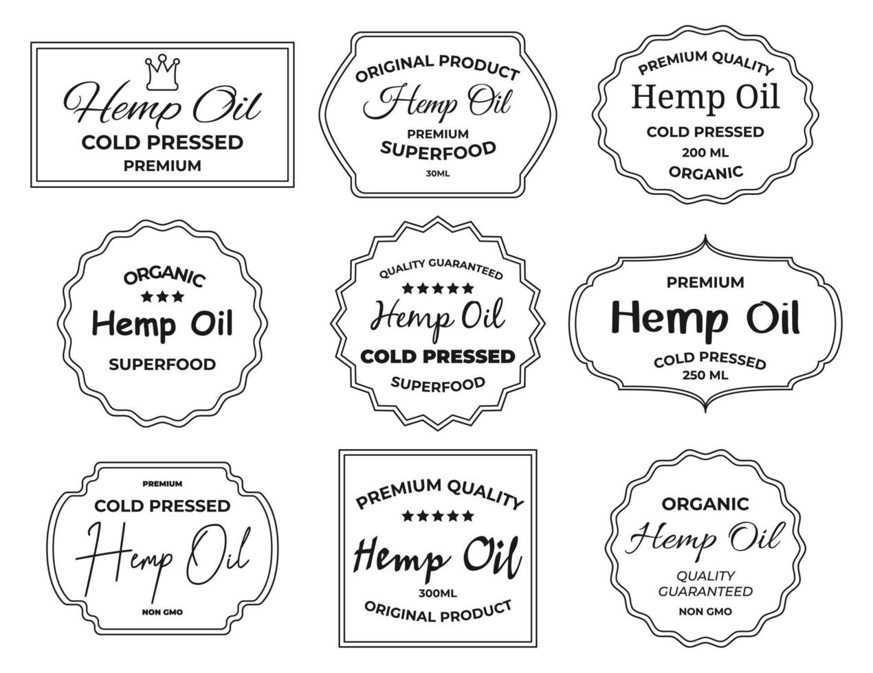 Line sticker with the inscription hemp oil, set vector