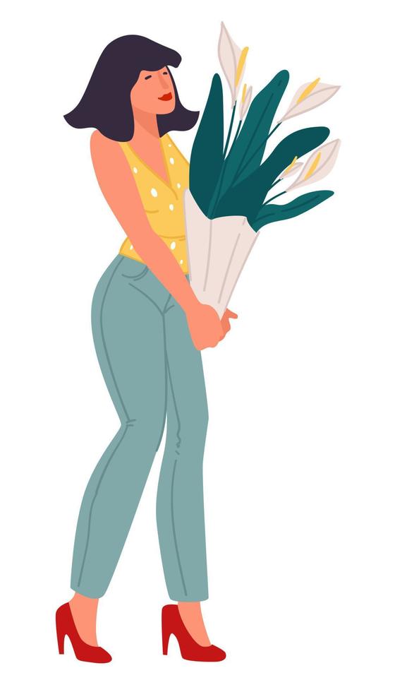 Woman carrying bouquet of blooming spring flowers vector