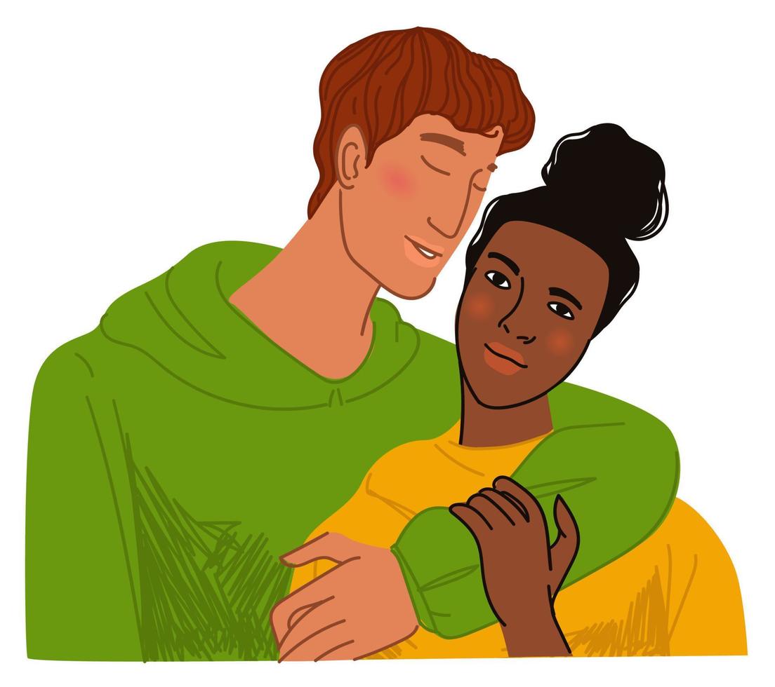 Man and woman hugging, multiracial couple dating vector