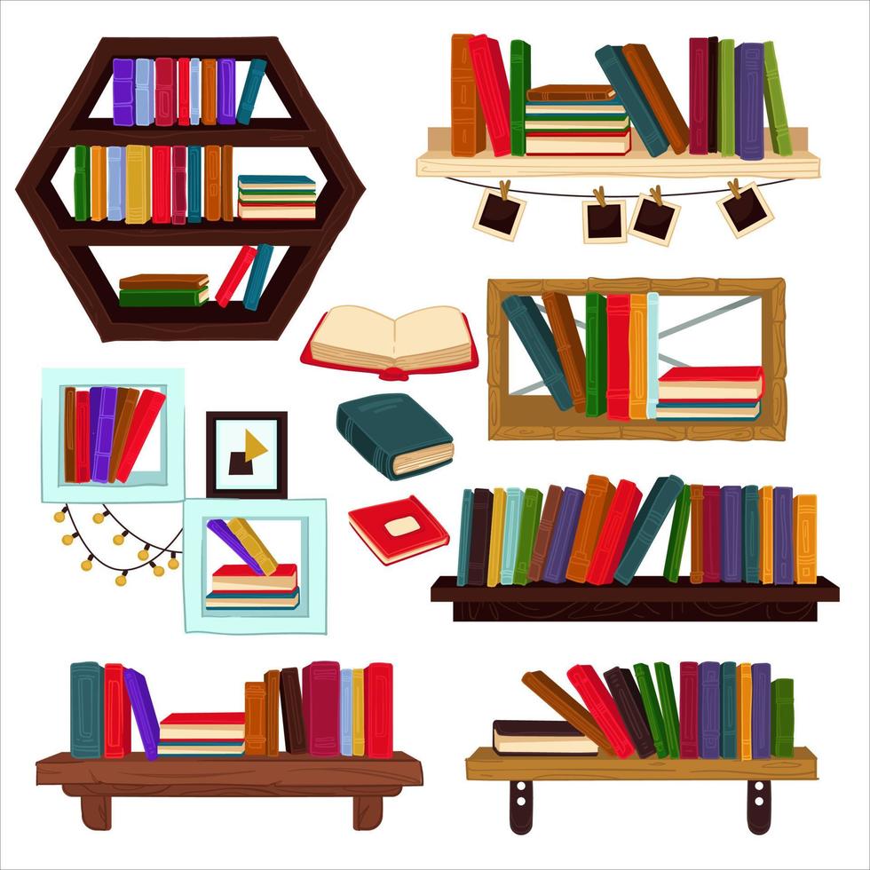 libros y libros de texto en estantes, muebles para el hogar vector