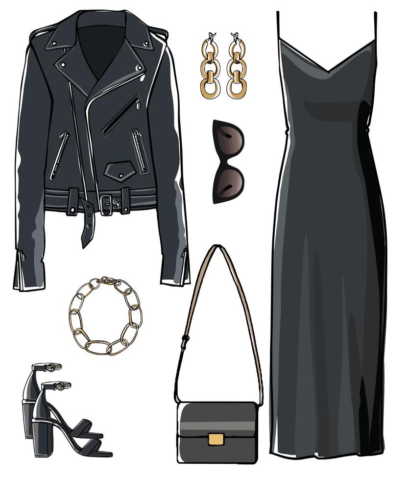 Total black look of dress and coat accessories vector