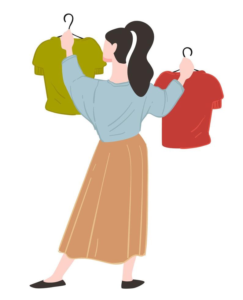 Shopping woman choosing clothes on hanger in store vector
