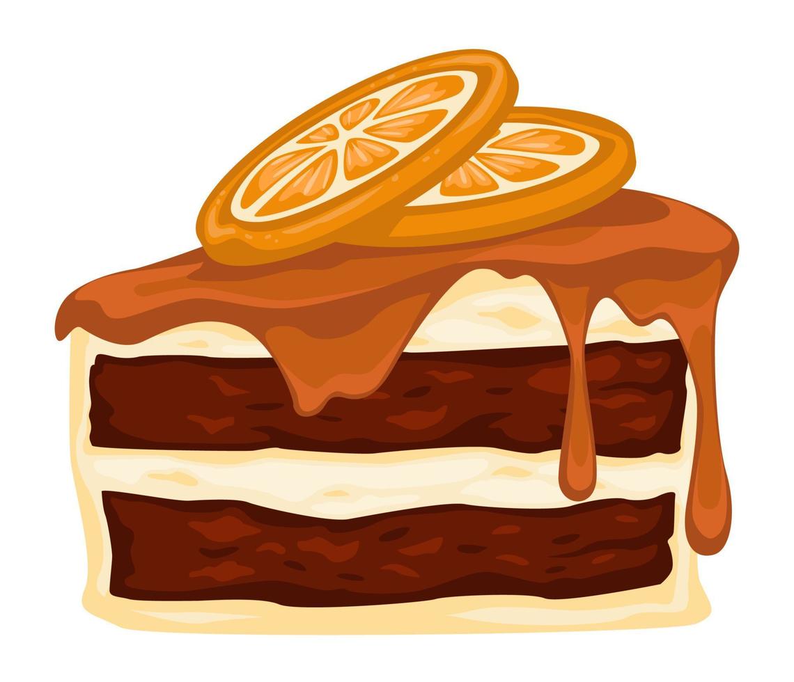 Chocolate cake with oranges and caramel topping vector