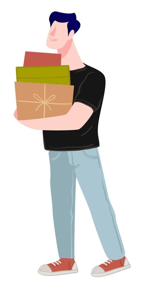 Male character shopping holding boxes and gift vector