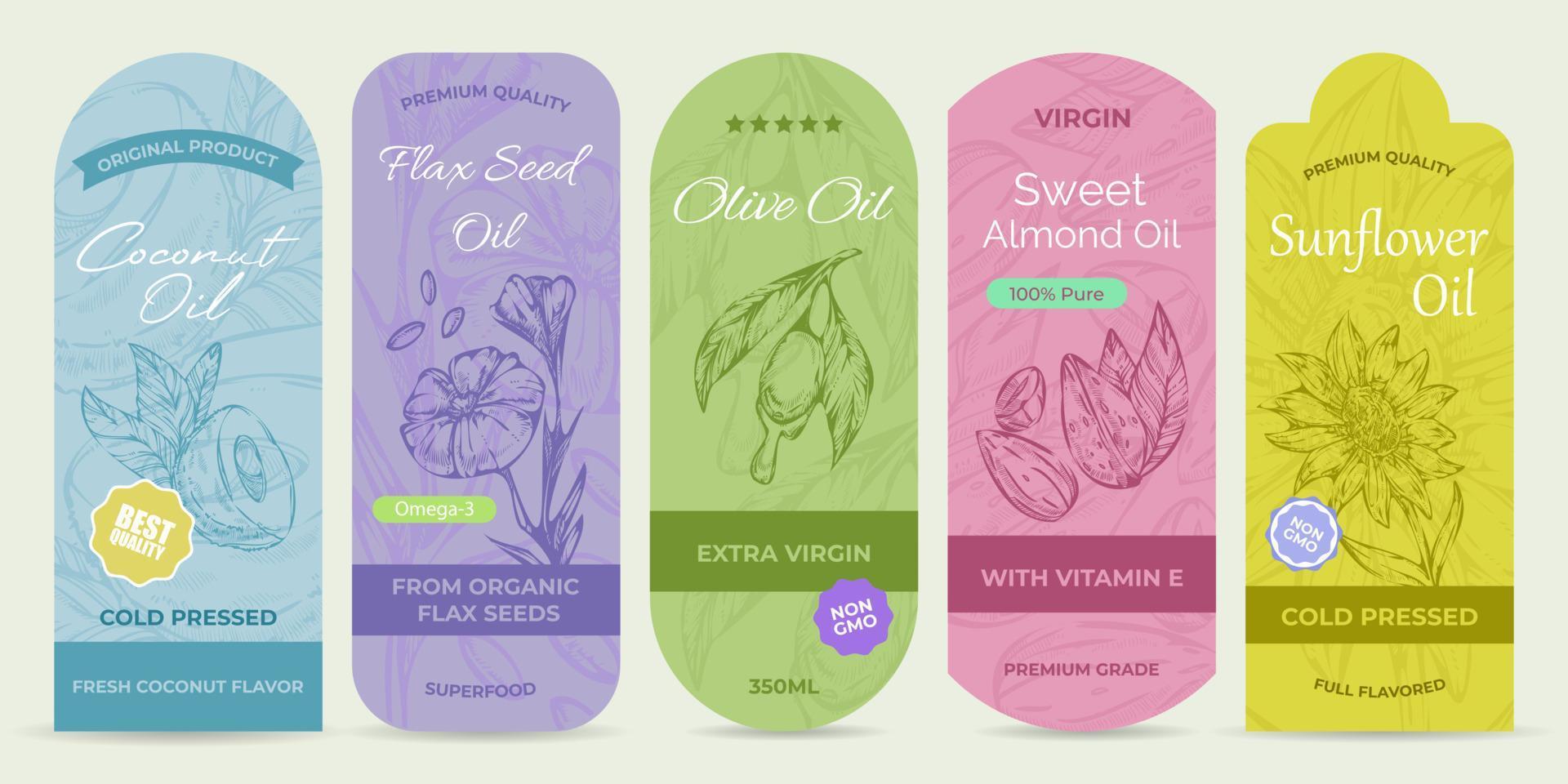 Bright stickers for natural organic oils, set vector