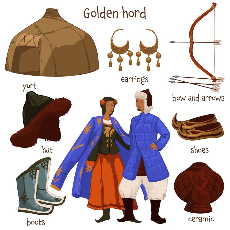 Golden horde people and clothes, lifestyle objects vector