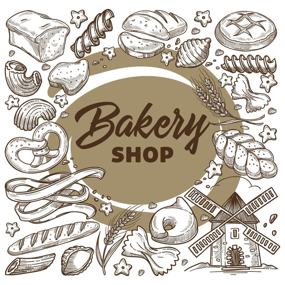 Bakery shop products, bread and buns assortment vector