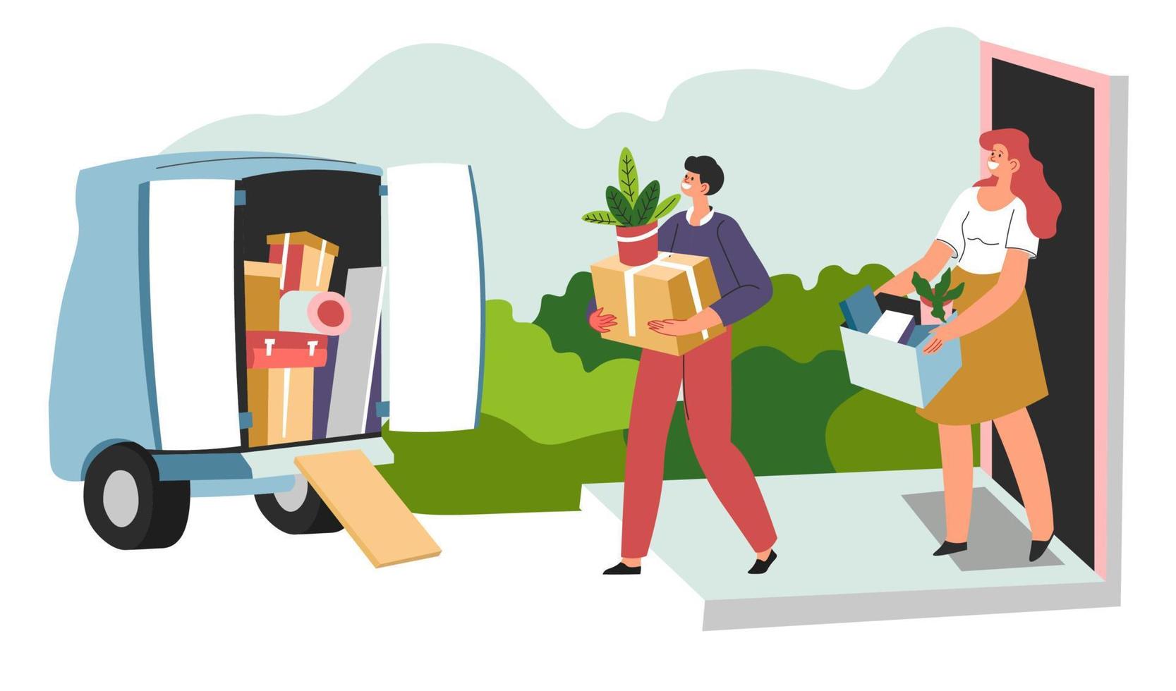 People moving in packing personal belonging in box vector