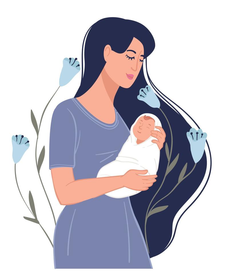 Character holding newborn sleeping baby in hands vector