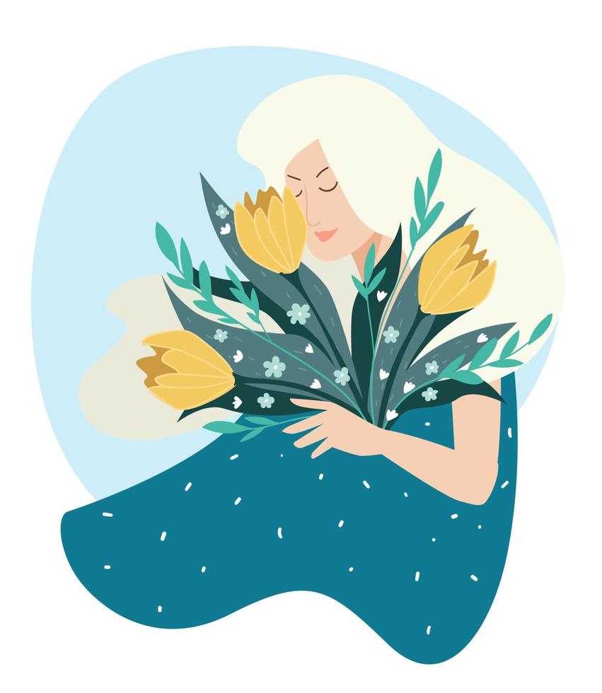 Elegant and tender female character with bouquet vector