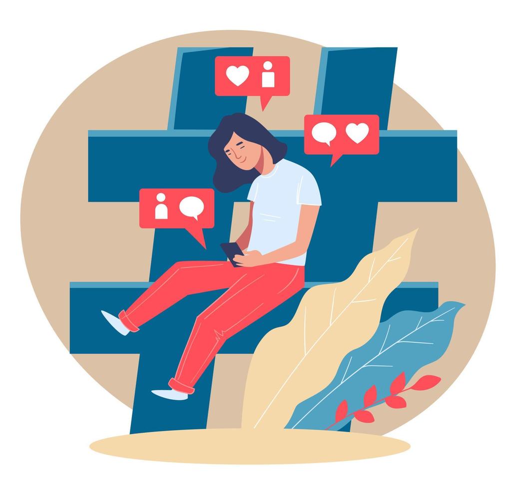 Teenage girl using smartphone to check followers vector
