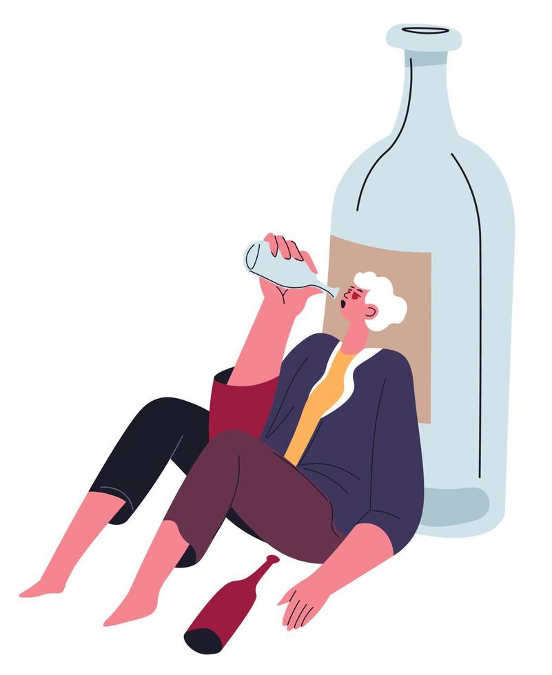 Alcohol addiction, man drinking booze alcoholism vector