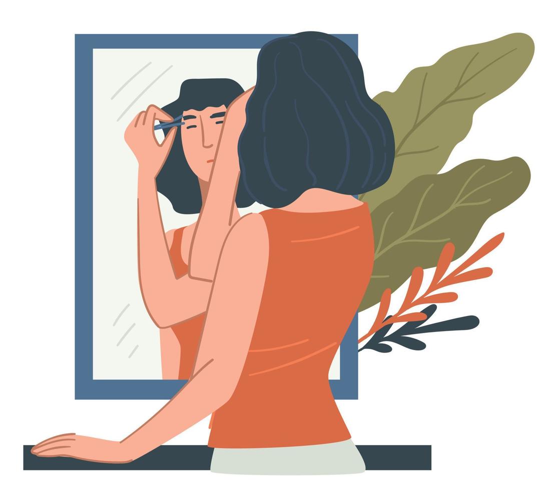 Woman tweezing eyebrows at home, beauty and care vector