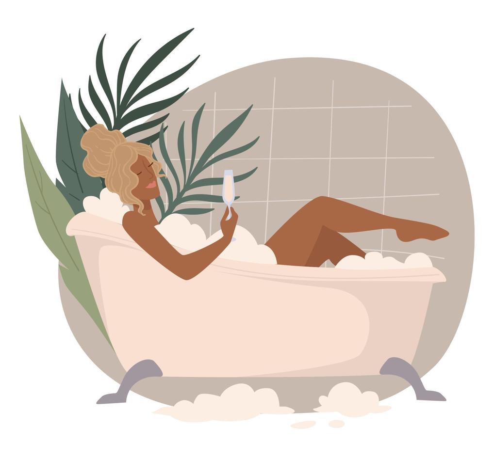 Woman relaxing in bathtub, lady drinking champagne vector