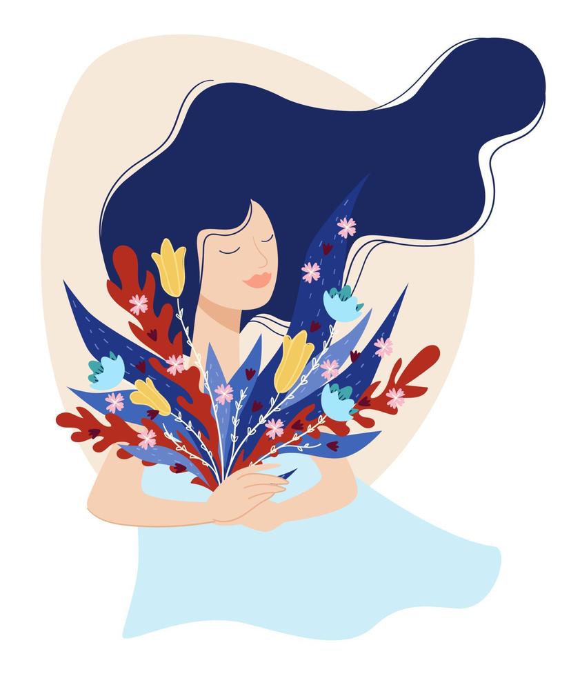 Tender woman holding bouquet of blooming flora vector