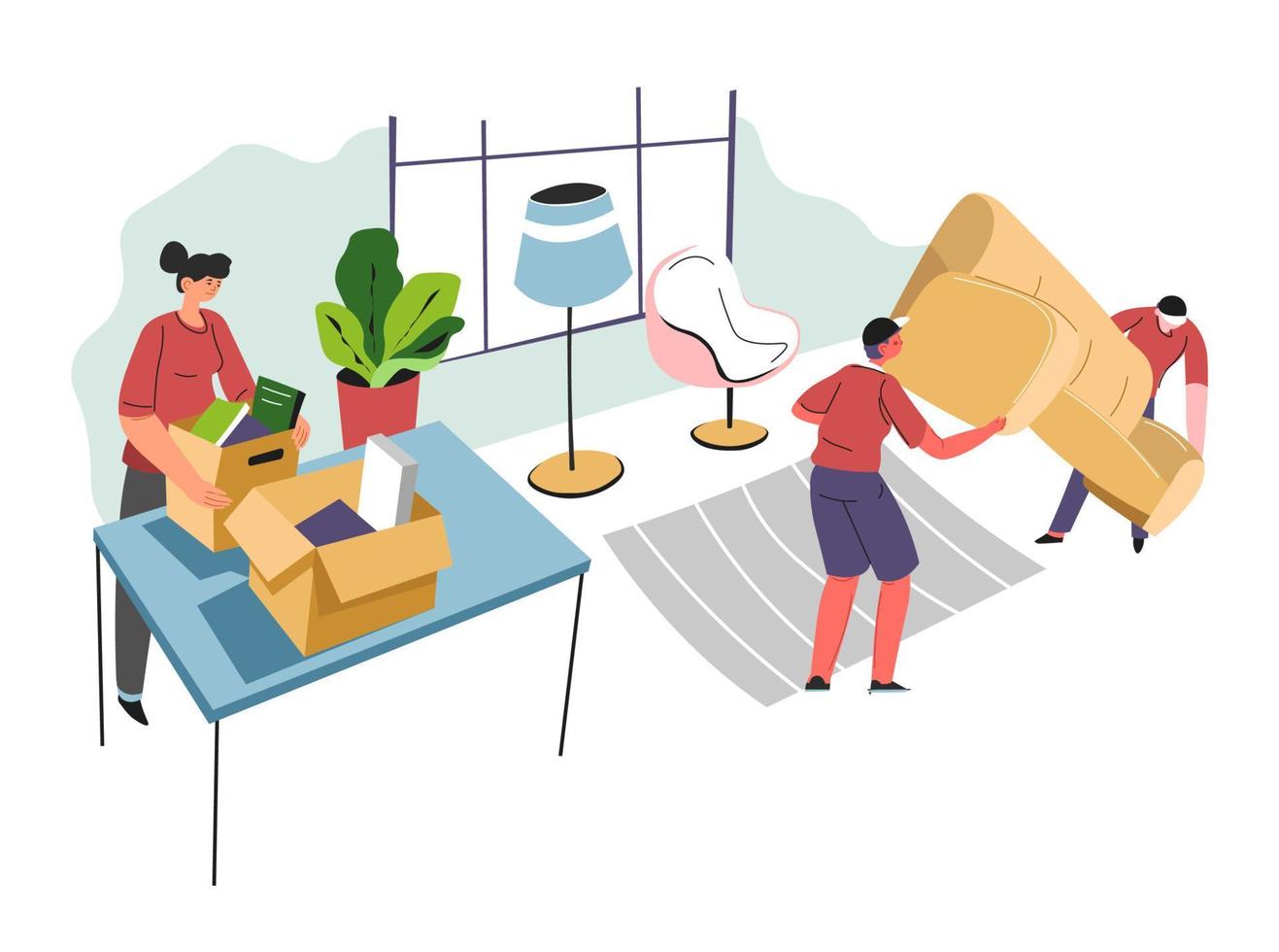 Moving in and unpacking carton boxes in new flat vector