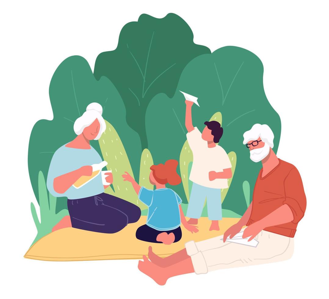 Grandparents spending time in park with children vector