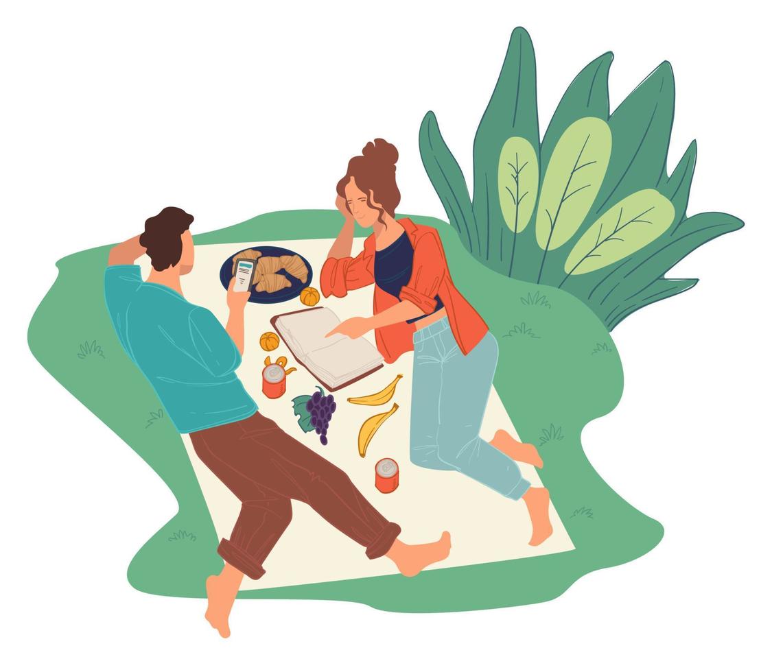 Couple on picnic reading book and browsing web vector