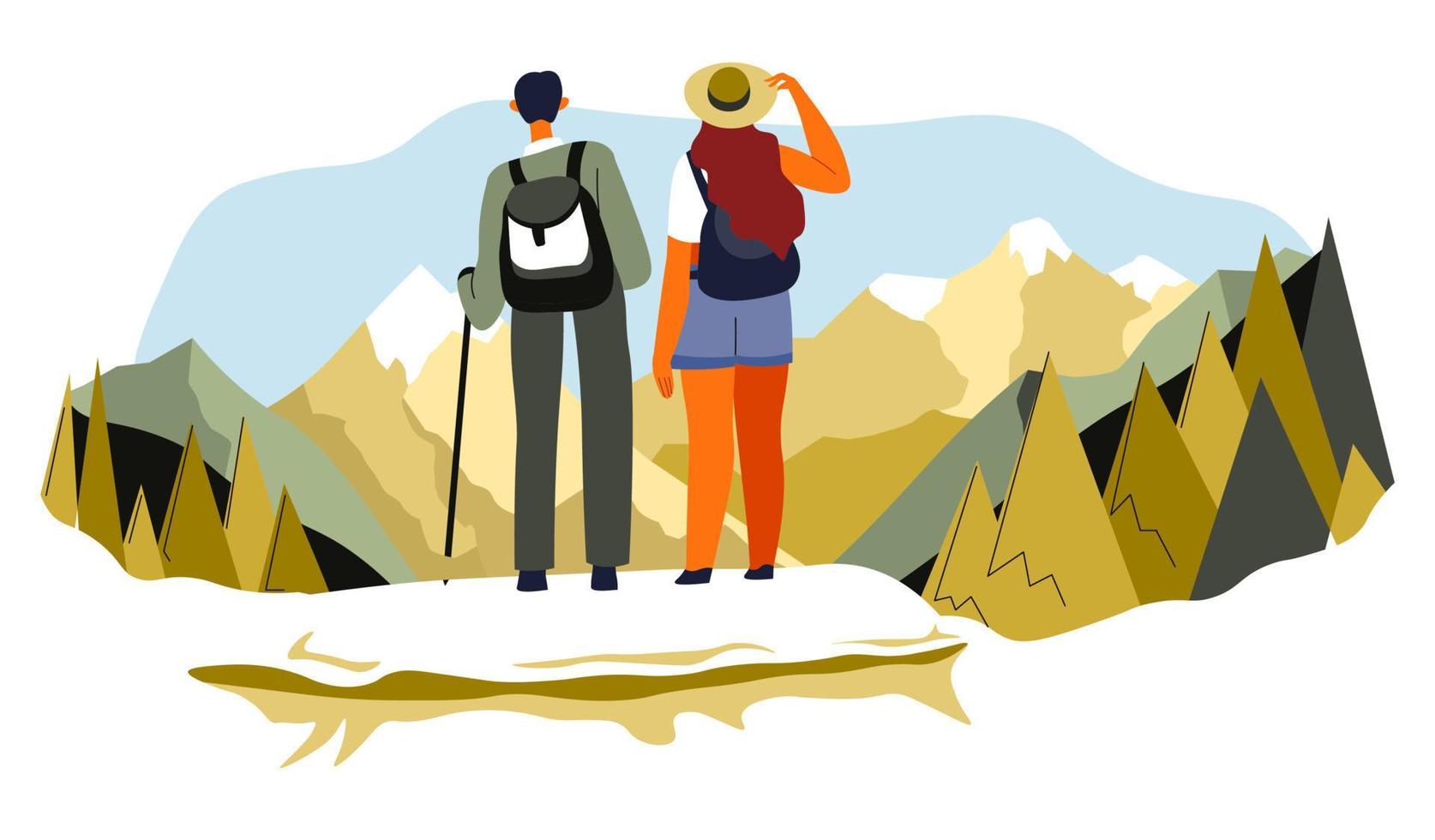 Man and woman traveling and hiking in mountains vector