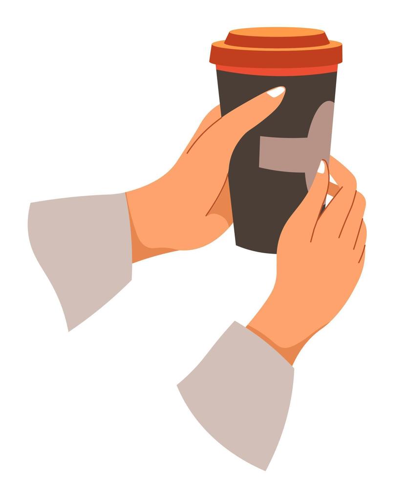 Takeaway coffee, hands holding brewed beverage vector