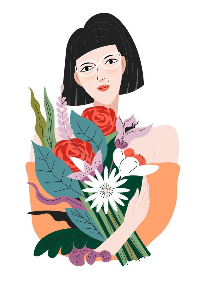 personaje femenino con ramo de flores frescas vector