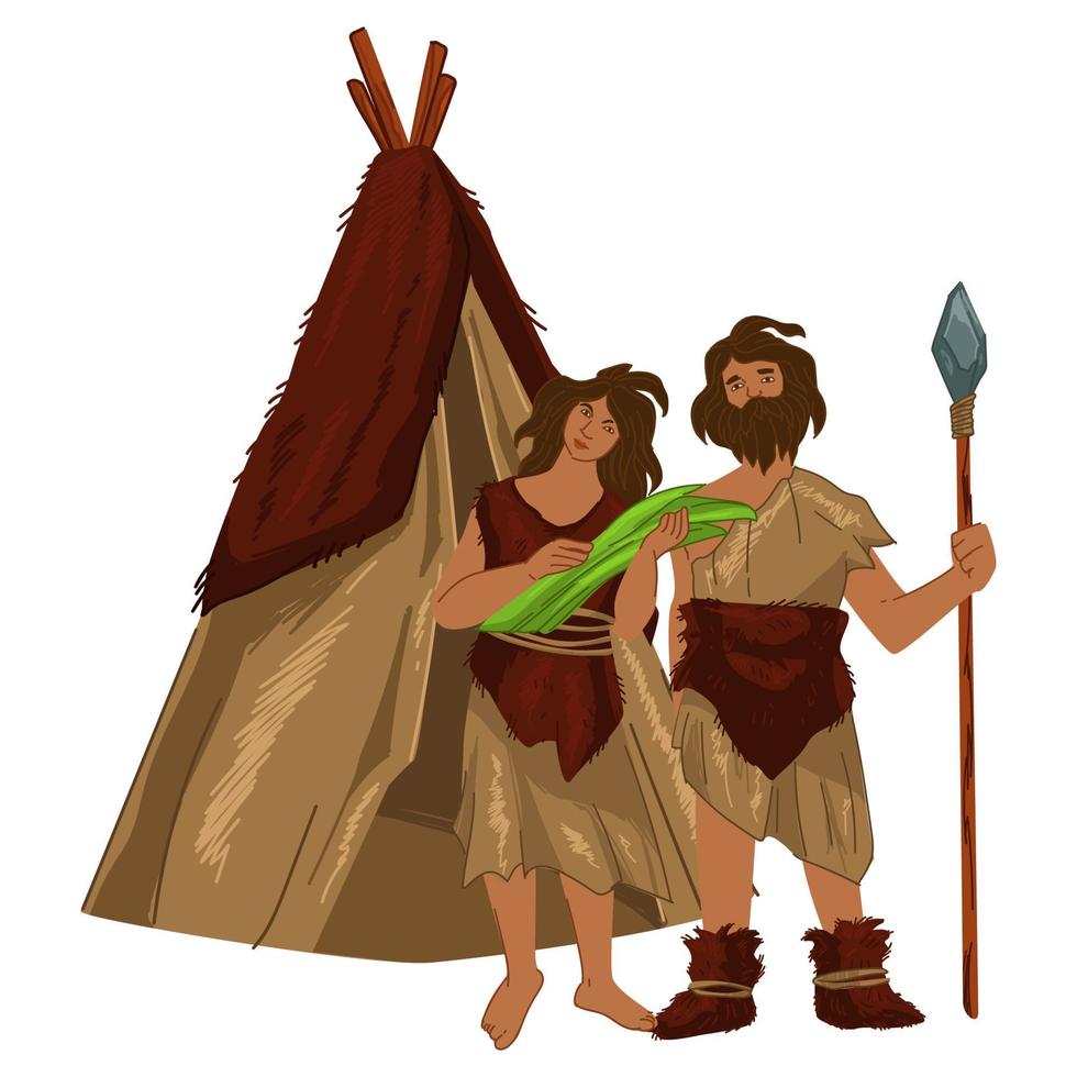 Prehistoric culture, ancient man and woman by hut vector