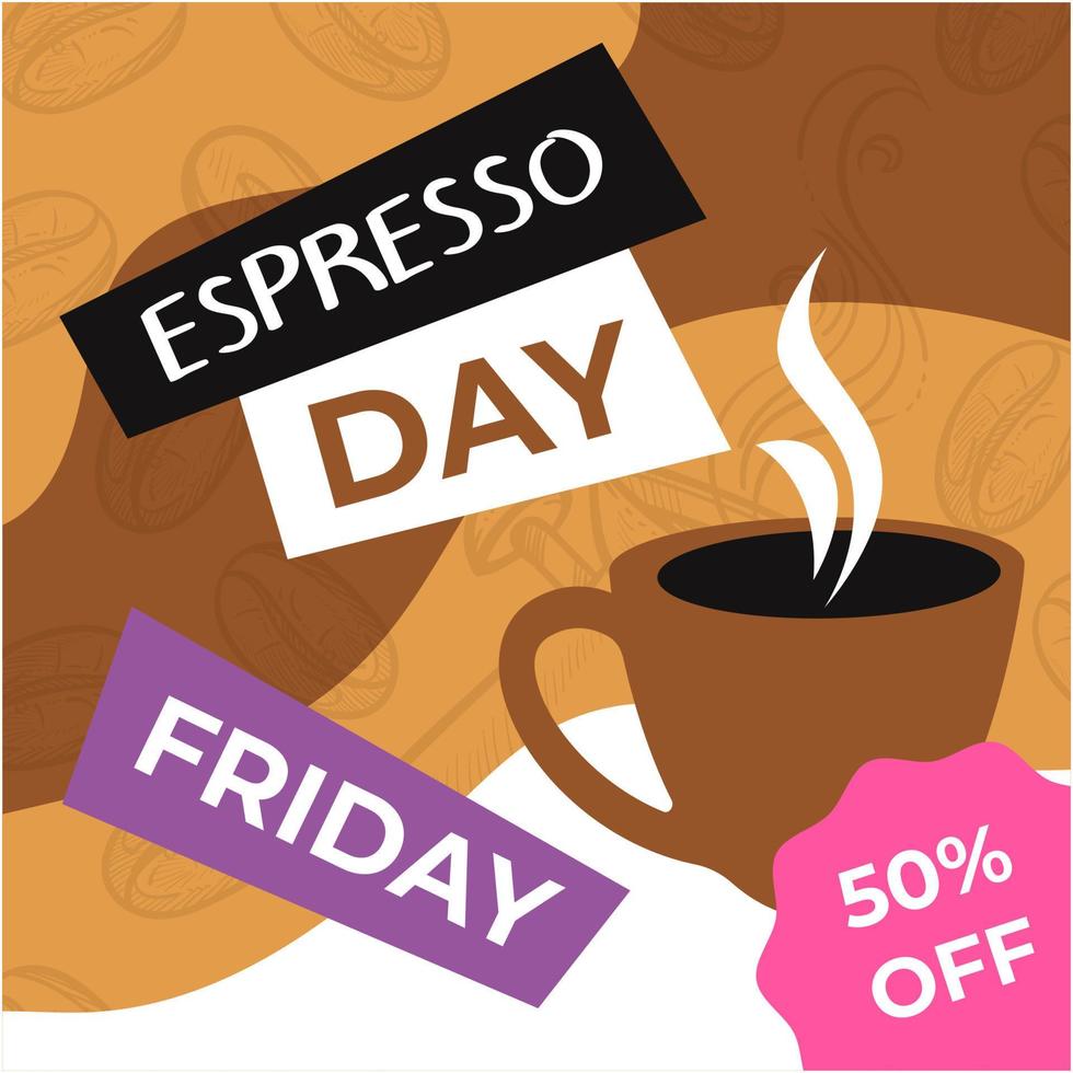 Espresso day, friday sale 50 percent off price vector