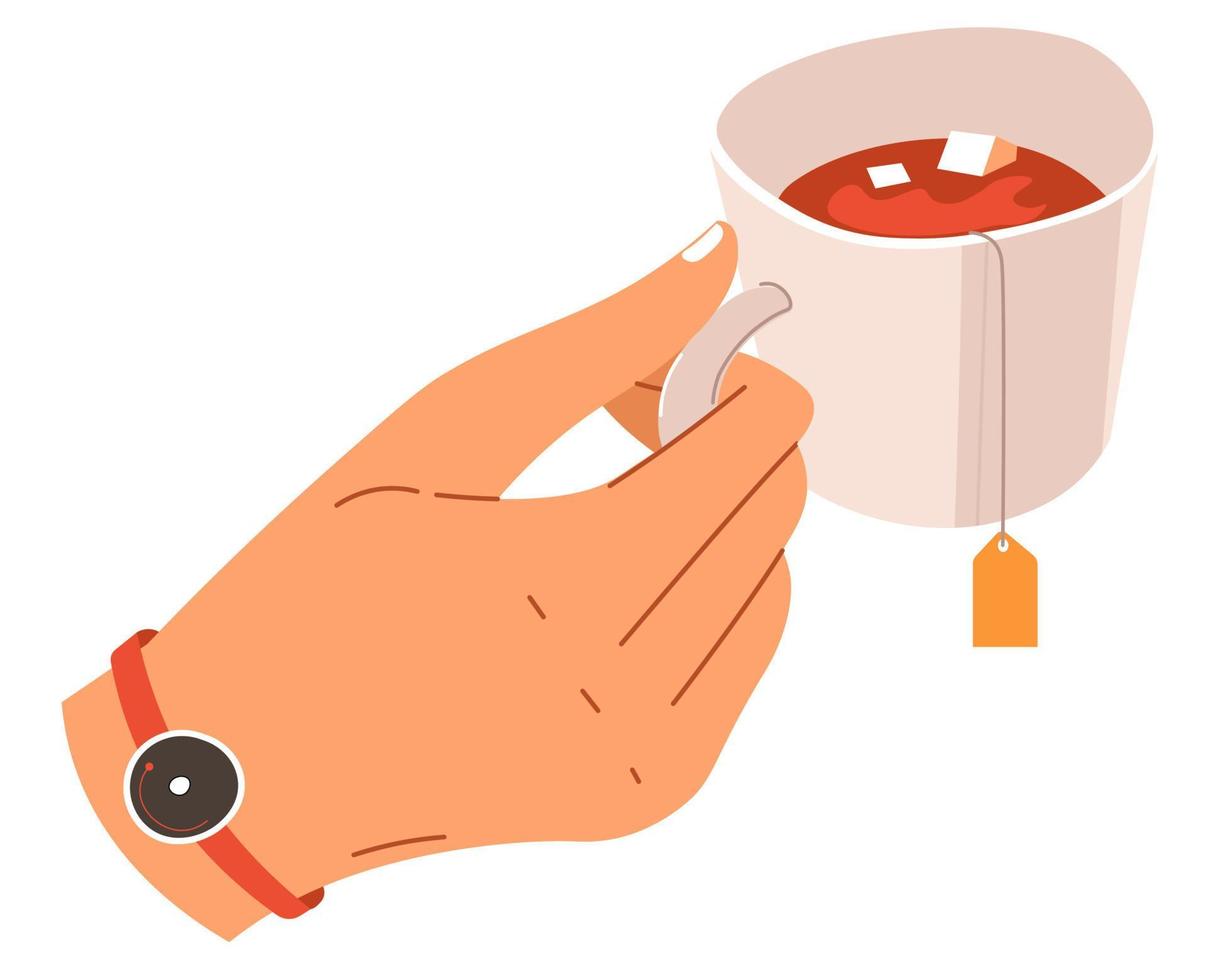 Hand holding cup of warm poured tea with teabag vector